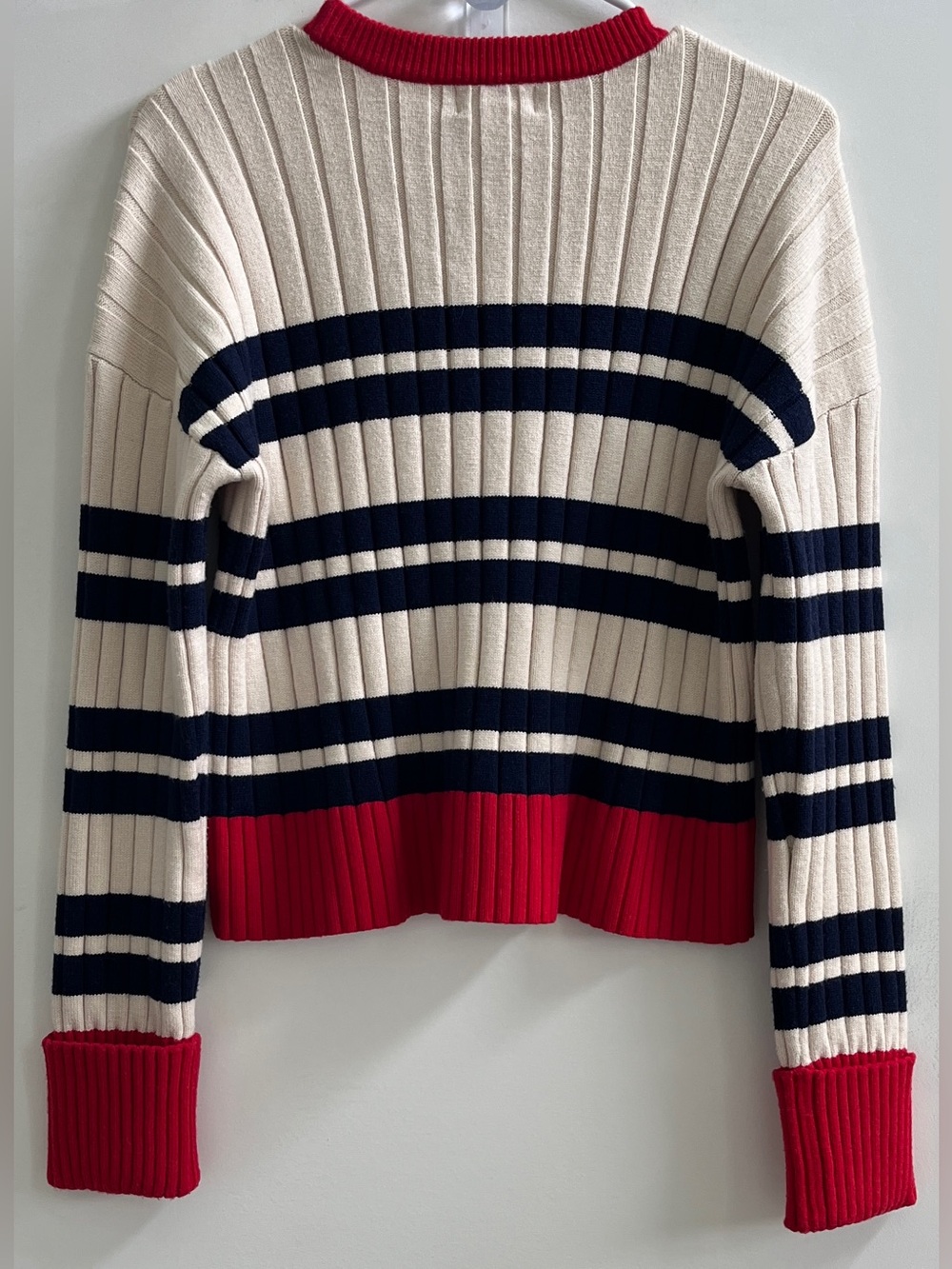 Maeve by Anthropologie Rib Crew Compact Pullover Sweater Cream & Navy Striped - Picture 8 of 16